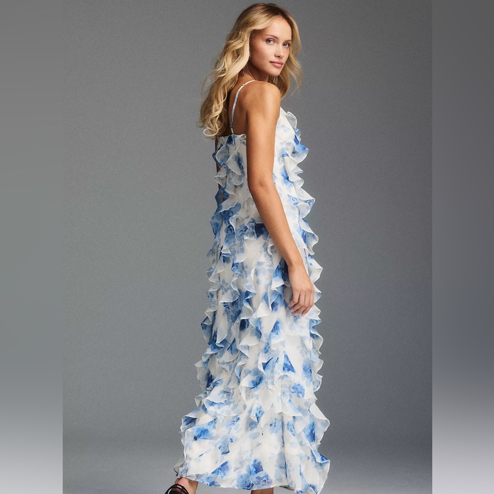 BHLDN Jia Bias Cut Lace Ruffled V-Neck Gown NEW Size 10 Blue Floral Dress